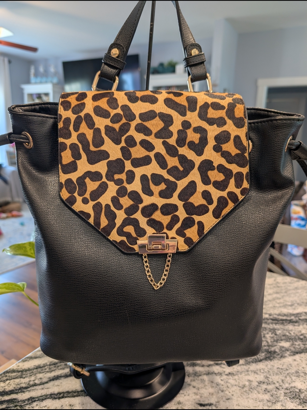 Dune London Black Backpack w/Calf Hair Leopard Print Flap